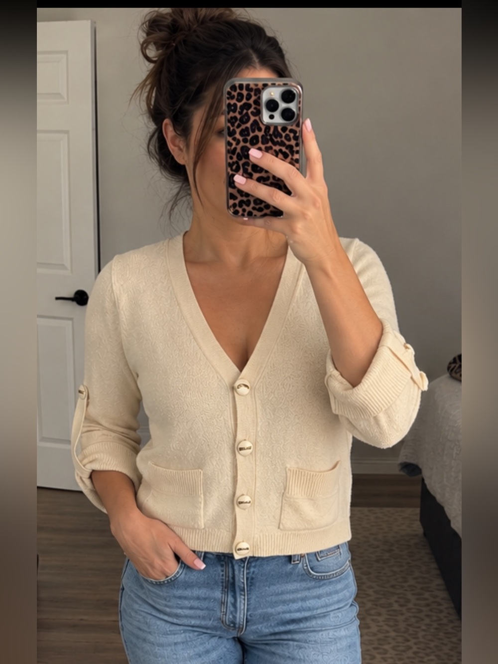 St. John Cream Textured V-Neck Button Cardigan